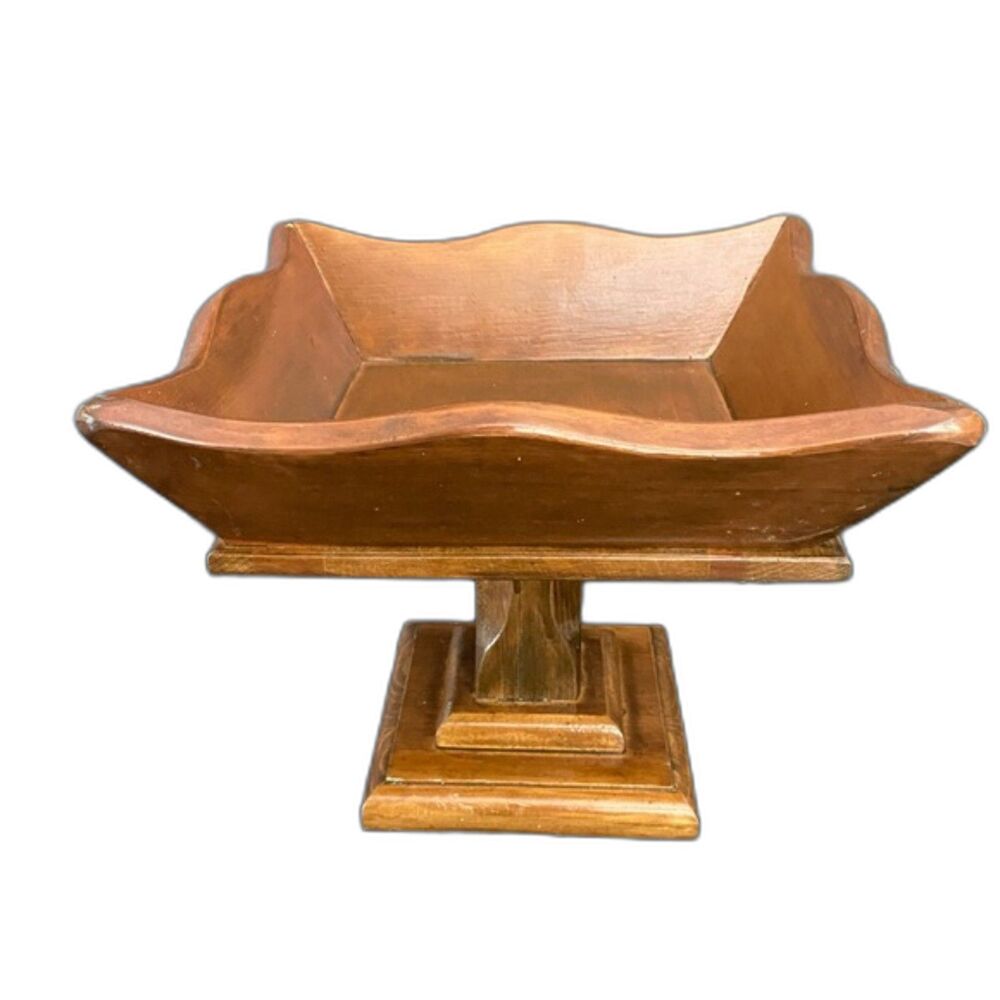 VTG Mid Century Solid Wood Square Compote Pedestal Bowl Scalloped 9.5"